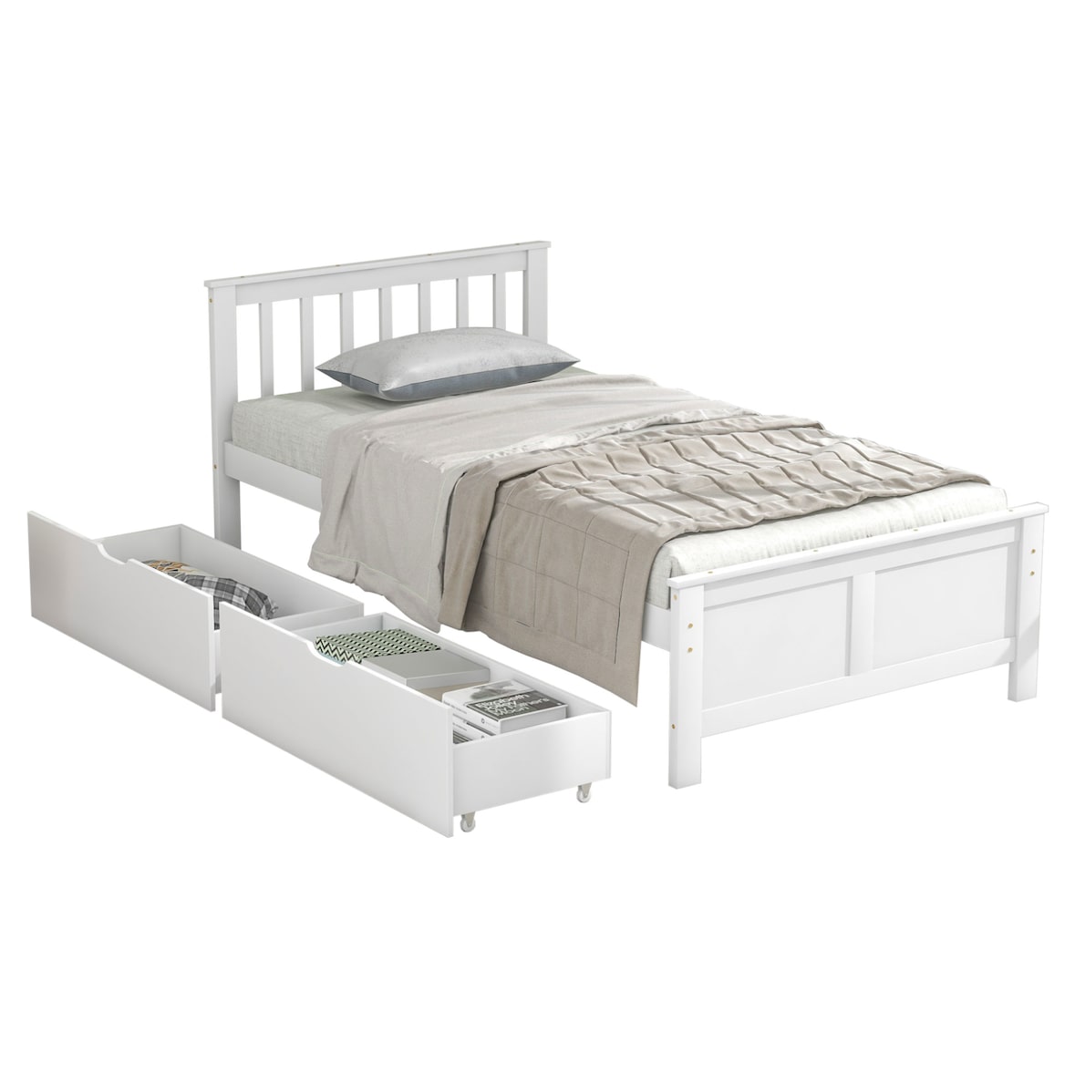 Merax Stauraumbett Einzelbett Holzbett 90x200 aus Kiefernholz & MDF mit 2 Schubladen & Lattenrost für Schlafzimmer Weiß