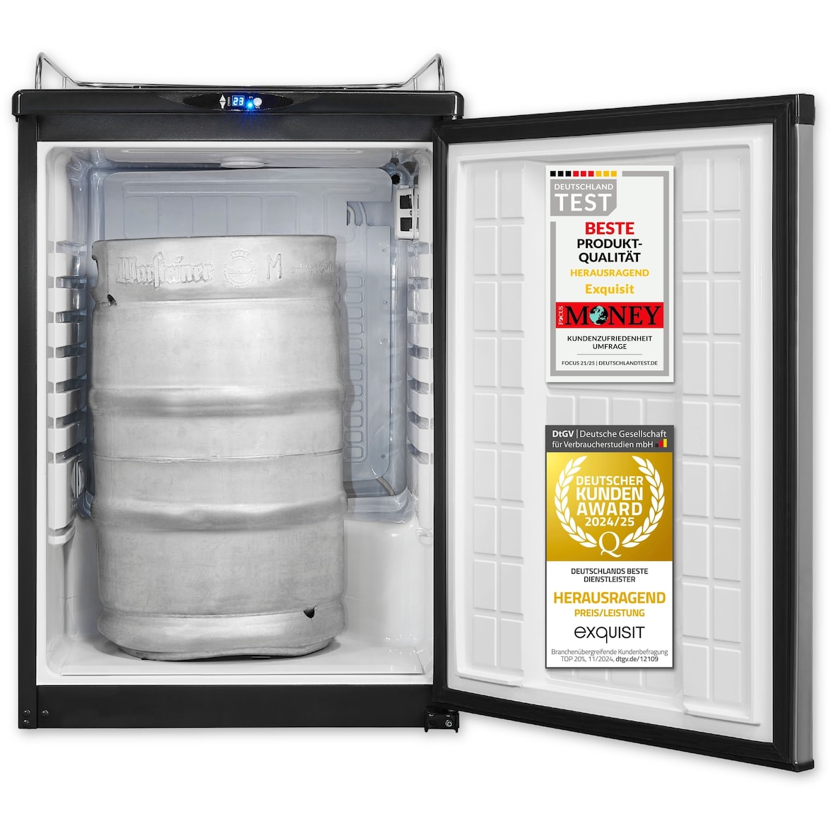 Exquisit Bierkühler, 163 Liter, mit Zapfvorrichtung, Gitterablagen, Türanschlag wechselbar, 89 cm Höhe, 42 dB, LED-Display, BK160-HE-300G inox