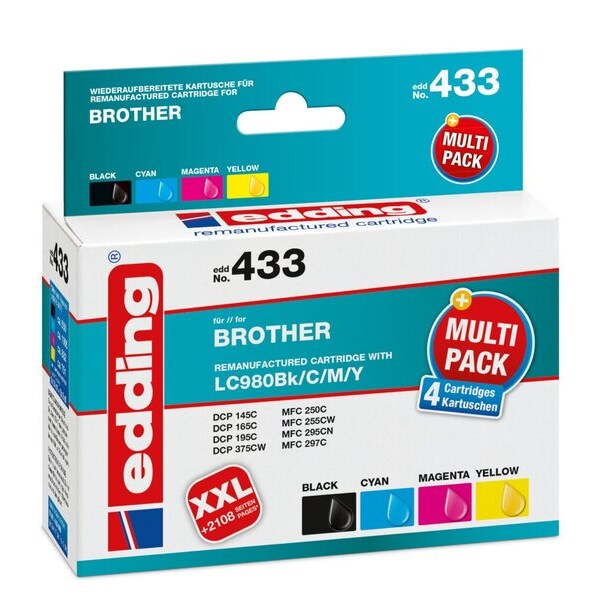 Edding Druckerpatrone 433 MultiPack 4 Stück Brother LC980 farbig - REMAN -, Ersetzt: Brother LC980BK/LC980C/LC980M/LC980Y