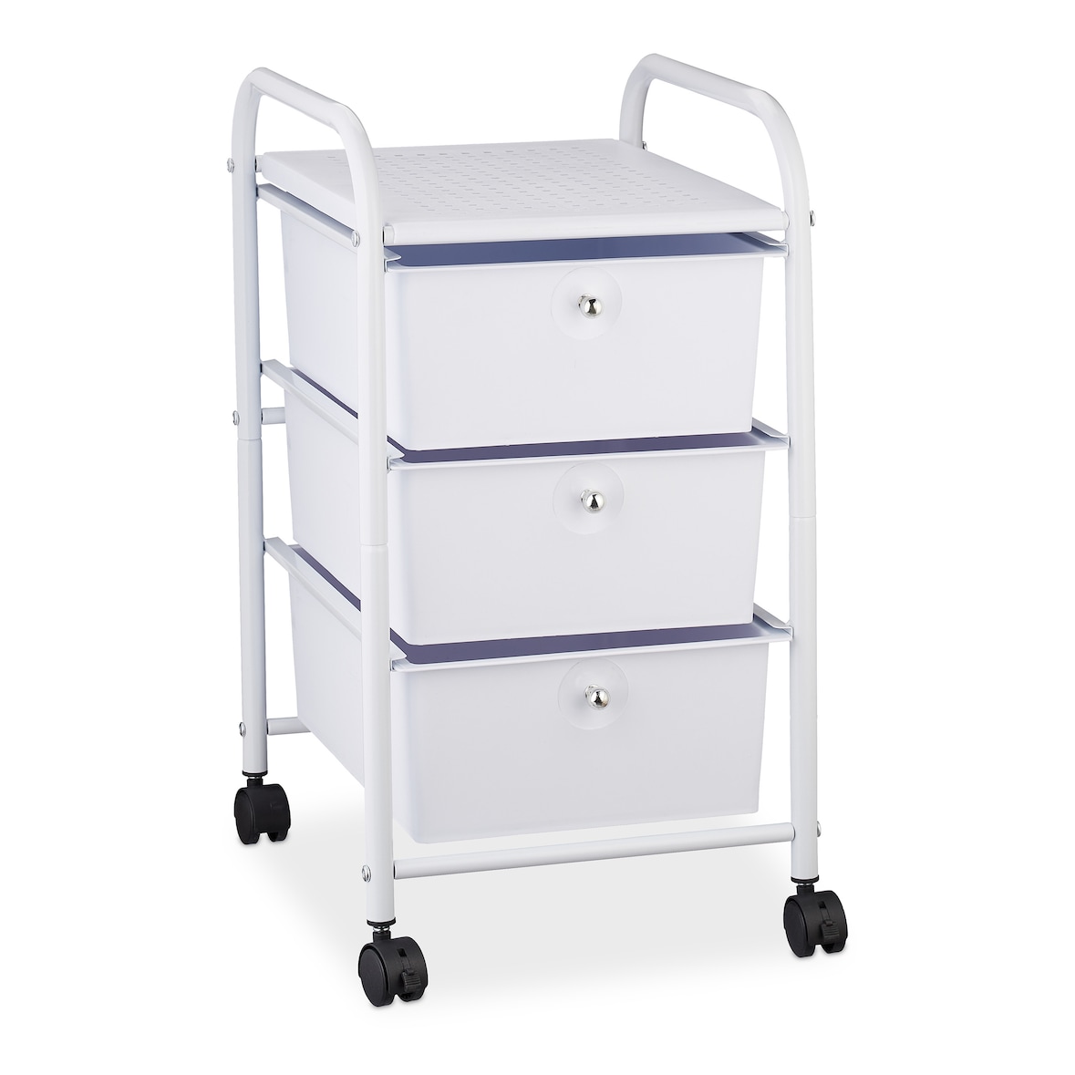 Relaxdays Badrollwagen, 3 Schubladen, Metall & Kunststoff, Rollcontainer Bad, Kosmetik, HxBxT: 60 x 33 x 39 cm, weiß