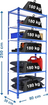 thumbnail of SimonRack Estantería Metálica, 2500x800x300 mm, 6 Alturas, Bandeja Metal, 180 kg de Punto Flexión, Azul/Blanco - Simonclick