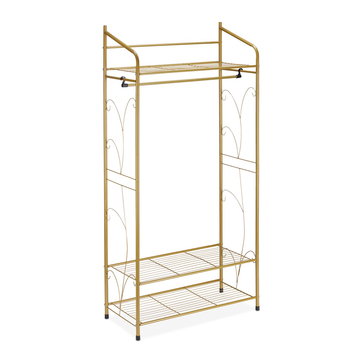 Relaxdays Kleiderständer Metall, Garderobenständer Vintage, HxBxT: 161 x 78 x 36 cm, 3 Ablagen & Kleiderstange, gold