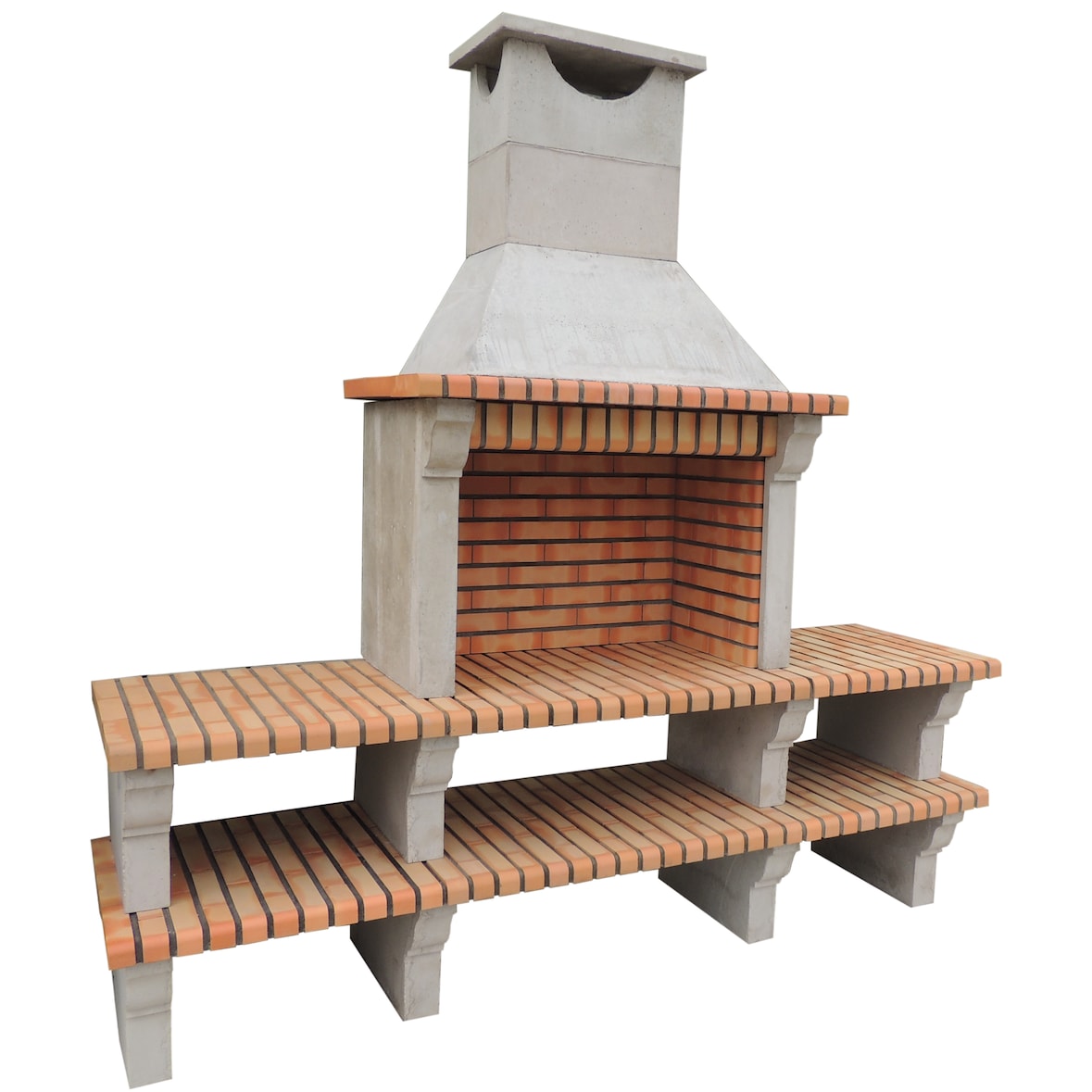 BBQ LARGE - Barbacoa con 2 encimeras (derecha/izquierda), construido con ladrillo y cemento refractario - 242x68x255cm