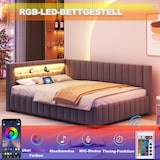thumbnail of Polsterbett 140x200 mit LED-Beleuchtung, USB-Anschluss und Samtbezug – L-förmiges Design, stabiler Lattenrost, verstellbares Kopfteil, Grau