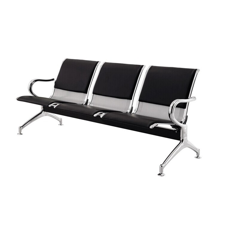 Banco para sala de espera de tres plazas con COJÍN de metal con reposabrazos y patas perfiladas de acero cromado dim 178x65x80