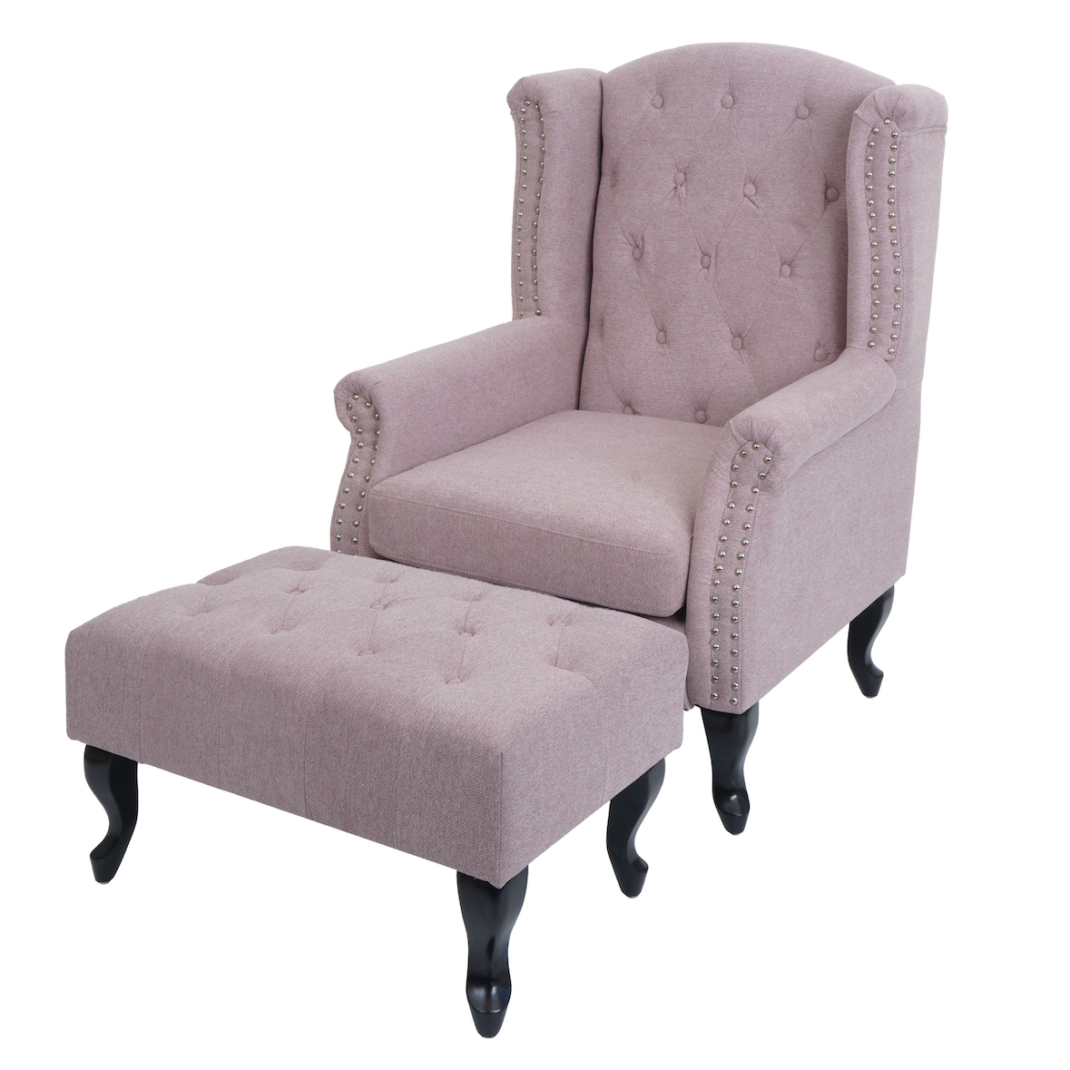 Chesterfield fauteuil, relax club fauteuil wing chair, waterafstotende stof/textiel ~ lichtroze met poef
