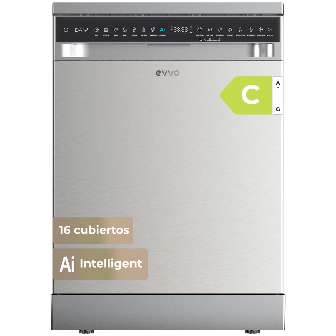 Lavavajillas EVVO D4YX, 16 Cubiertos, Libre Instalación, 8 Programas, Extra Silent, Inox

Descripción corta