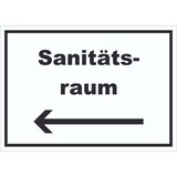 thumbnail of Sanitätsraum Schild mit Text und Richtungspfeil links Krankenzimmer waagerecht A5 (148x210mm)