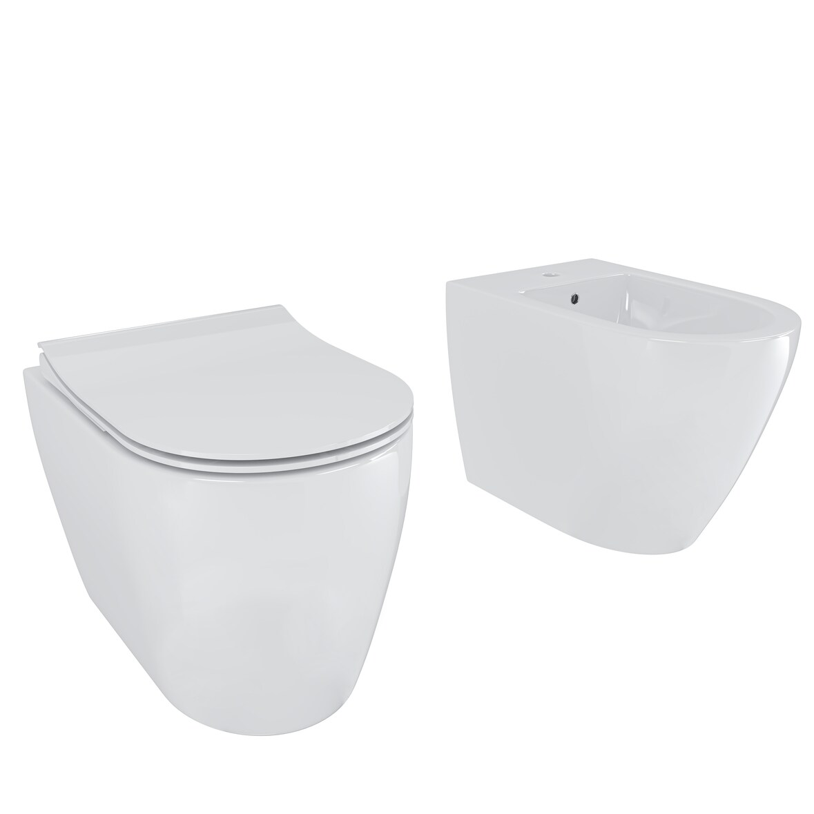 Coppia Sanitari Filomuro Filo Muro Filo Parete Vaso WC E Bidet Design Moderno In Ceramica Copriwater Chiusura Soft Close Rallentata Bianco Lucido