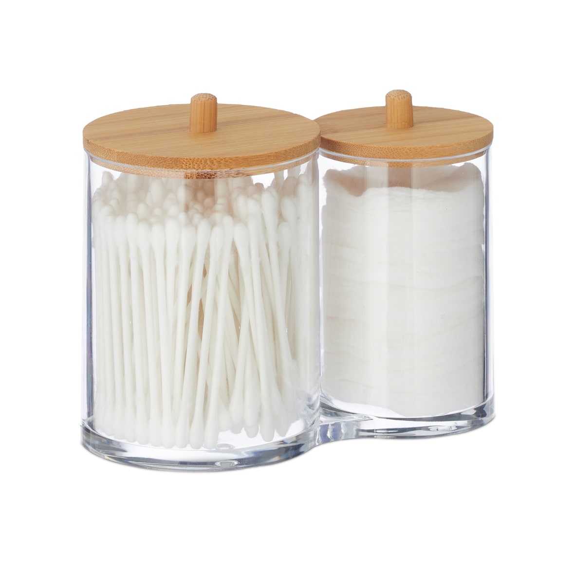 Relaxdays Wattestäbchen-Behälter, Kunststoff, mit Bambusdeckel, Organizer Wattepads und Wattestäbchen, transparent/natur
