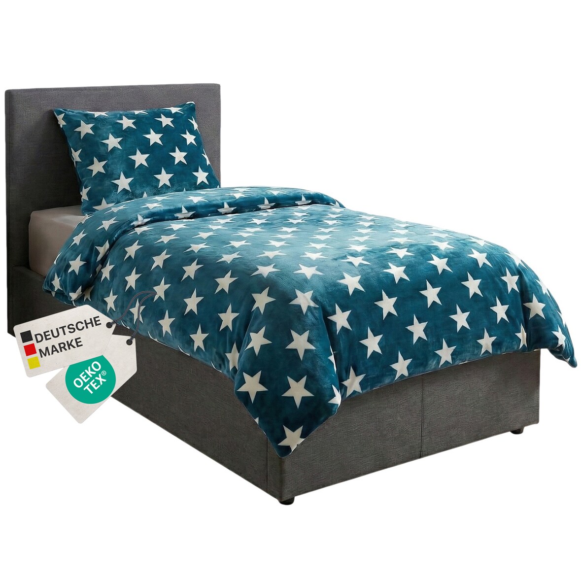 Winter Bettwäsche CozyStar Soft 2-teilig 1x Bettbezug 135x200 + 1x Kissenbezug 80x80 Sterne Petrol