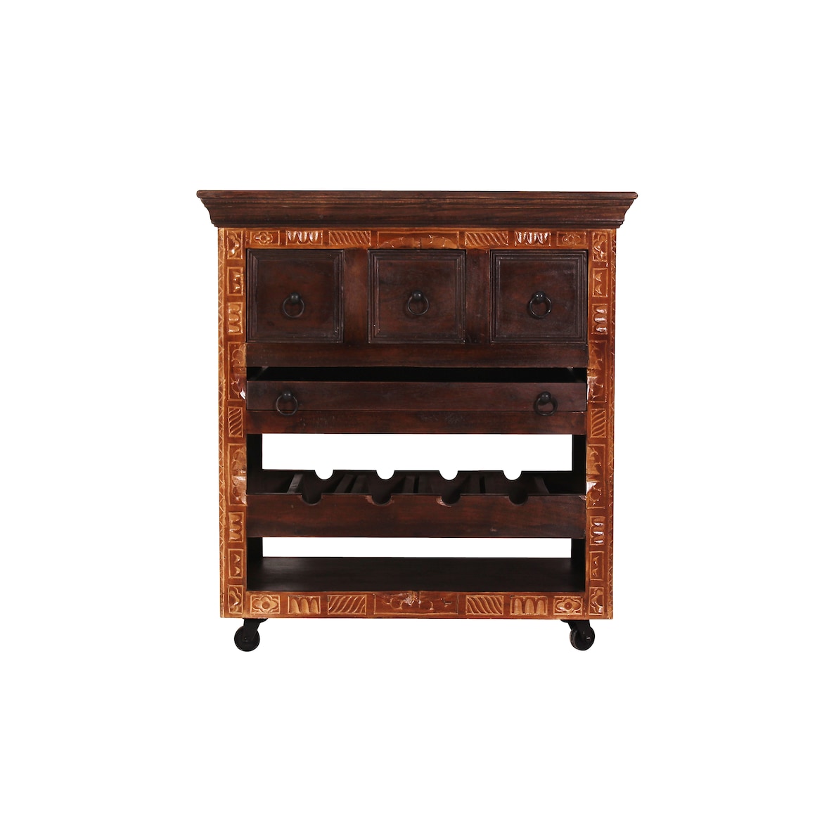 SIT Möbel Keukenwagen | 3 lades, plank voor 4 flessen, 1 dienblad | gerecycleerd afvalhout | bruin | B 78 x D 48 x H 85 cm | 05187-30 | Serie ALMIRAH