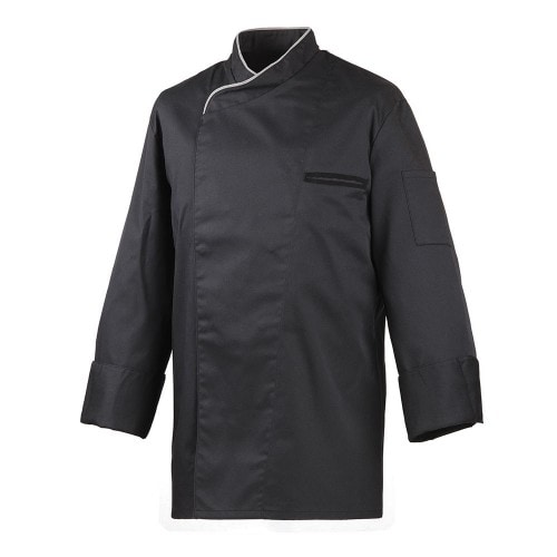 212 - Kochjacke langarm, mit Druckknöpfen, Fb. schwarz, mit farbiger Paspel : silbergrau 65% Polyester 35%Baumwolle 220 g/m² XL