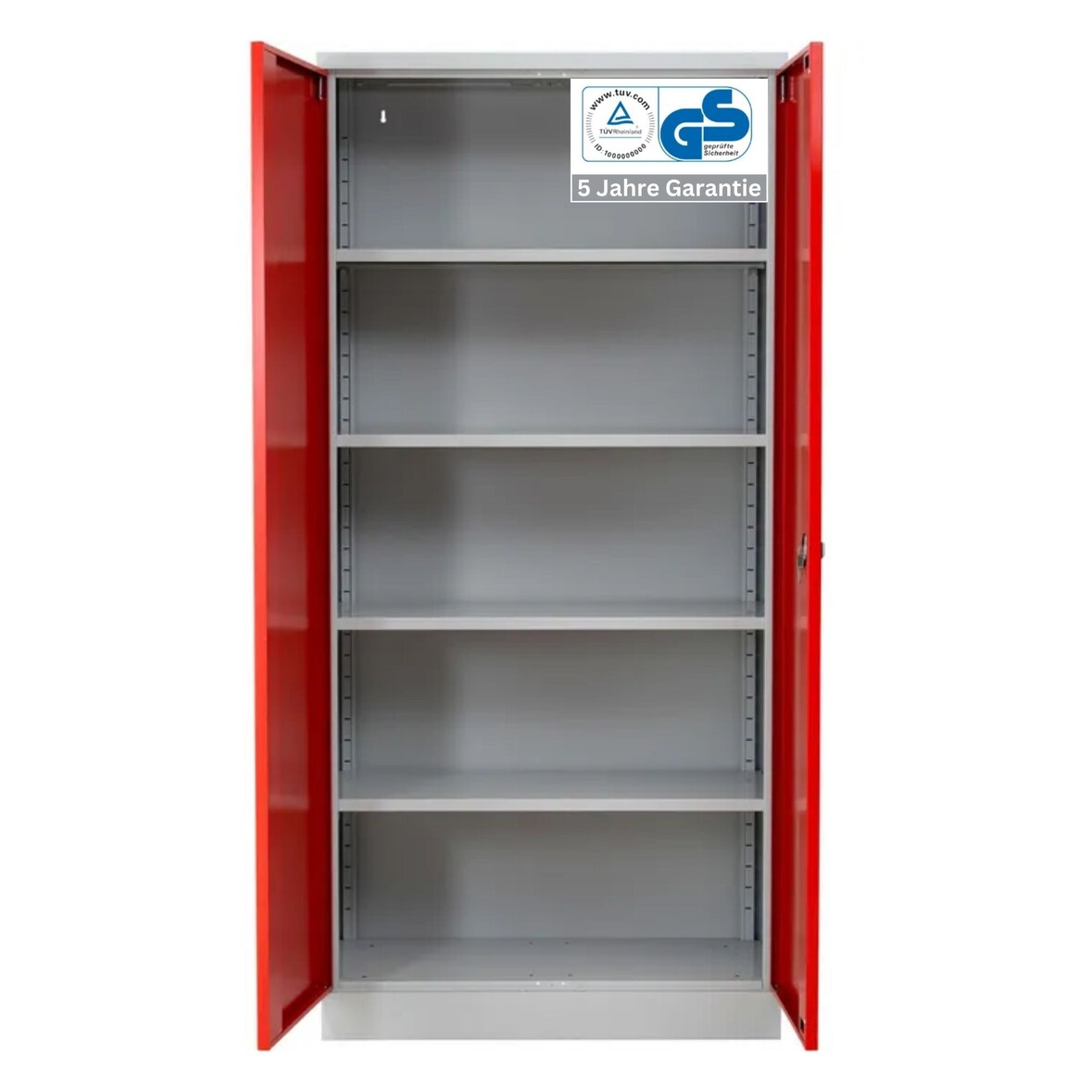 PROREGAL Stahlschrank BEE mit 9 lackierten Fachböden | HxBxT 195x92x42cm | Grau-Rot | Werkstattschrank Werkzeugschrank Aktenschrank Universalschrank