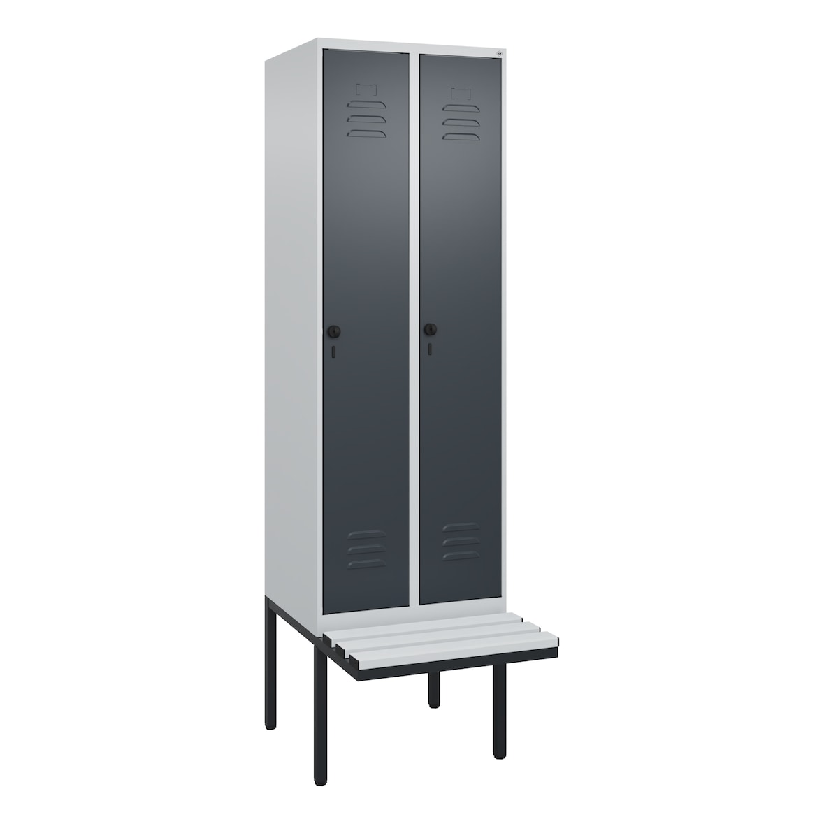 C+P Spind Classic PLUS, Kunststoff schwebende Sitzbank, 2 Abteile, HxBxT 212x60x82cm, Sicherheitsdrehriegel, Hellgrau/Anthrazit von PROREGAL