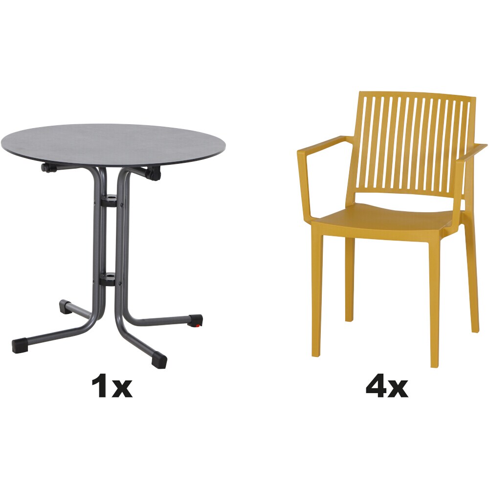 SIENA GARDEN Urban Lights Set 5teilig Lane Sessel gastrotauglich mustard mit Tisch Sola Ø80