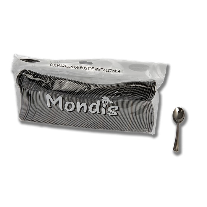 Cubiertos desechables. 100 cucharillas de postre de plástico en color metalizado. Modelo: CPP905