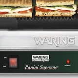 thumbnail of WARING Panini grille contact fonte - Plaque (haut/bas) rainurée/rainurée - Dim: 54x51x33cm - Dim surface cuisson: 37x28cm - Puis.: 2400W WPG250E