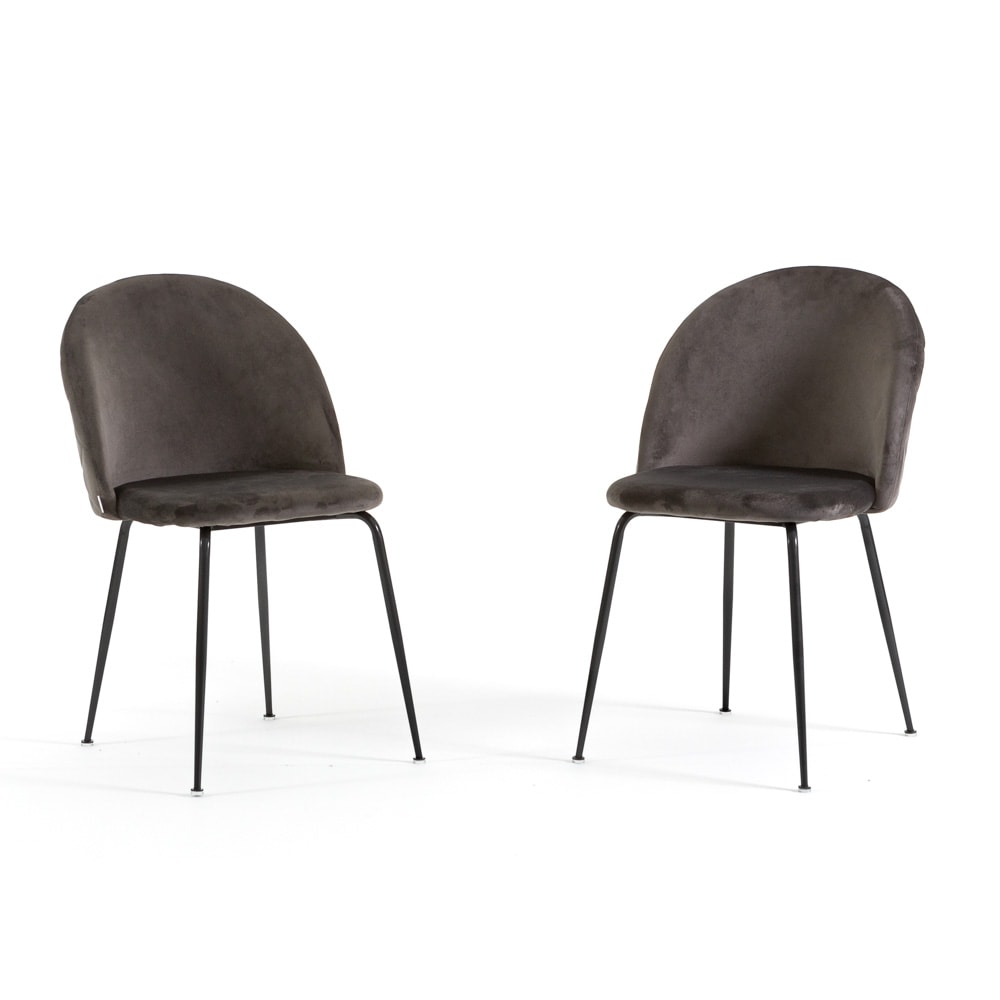 Conjunto de 2 cadeiras de interior em veludo, estofadas, pés em metal, design elegante para cozinha, bar, restaurantes Sara–Cinza escuro/Cinza escuro