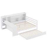 thumbnail of Schlafsofa 140x200 cm aus Massivholz mit ausziehbarem Bett, Schreibtisch, Regalen, Schubladen und Steckdose – multifunktionales Möbel Weiß