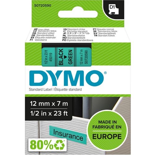 DYMO Ruban D1 Noir/vert 12MMX7M pour 1000/1000+/2000/3500/4500/5000/5520
