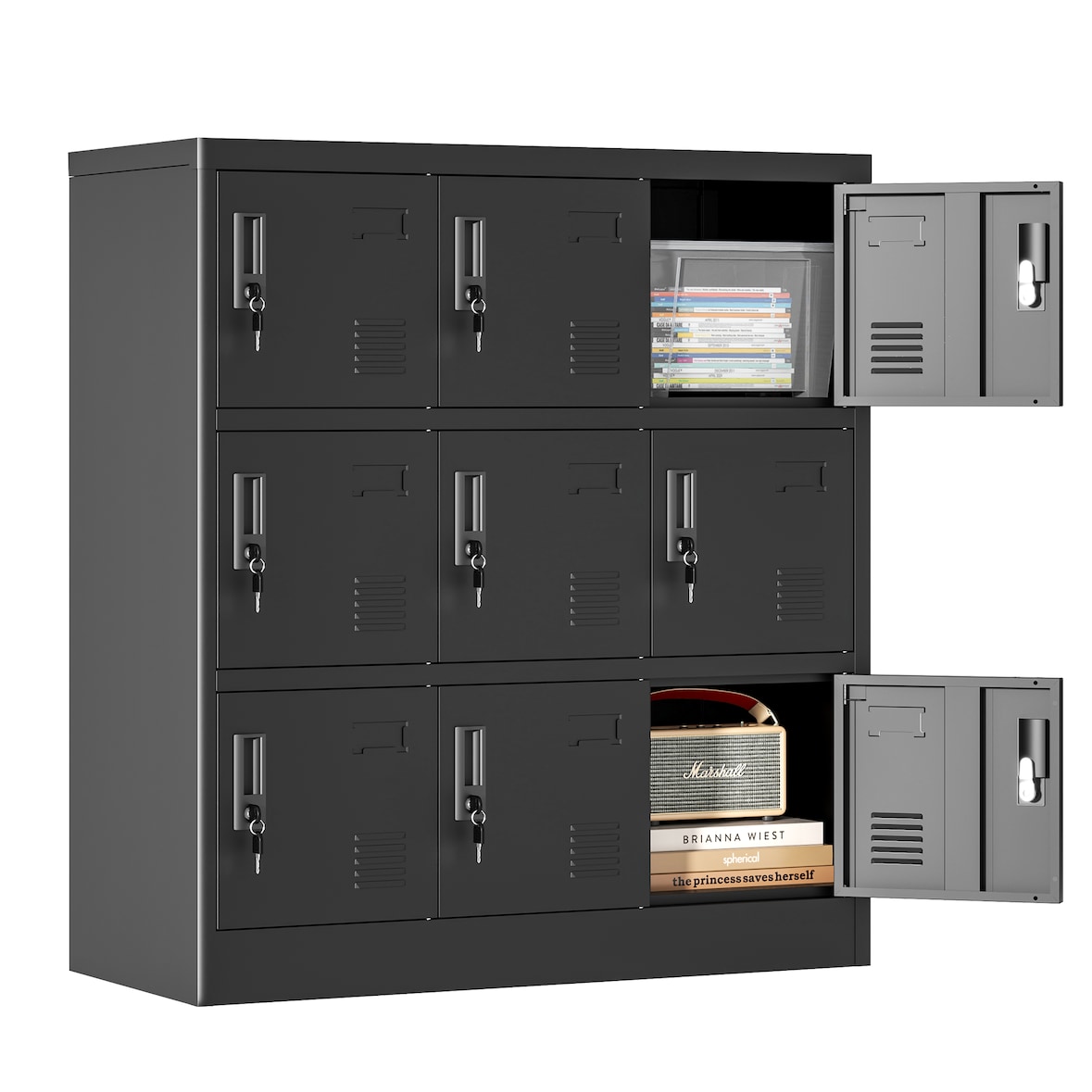 Metallschrank Spind 9 Türen 100x90x40 cm Schwarz mit Schlössern und Kartenfächern, belüftet, pulverbeschichteter Stahl für Büro und Umkleide
