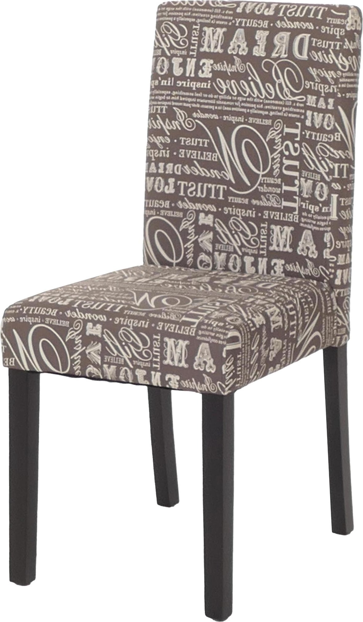 Esszimmerstuhl klassisch und zeitlos | HxBxT 90x43x56cm | Sitzhöhe 45cm | Stoff/Textil | dunkle Beine | Schriftzug Grau | Küchenstuhl Stuhl