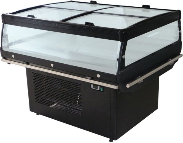 Kühlinsel NANDU | 4x Glasdeckel | 190L, HxBxT 93,5x137x108cm | +0/+6°C | Schwarz | + CHEFGASTRO Geschirrtuch | Kühltheken, Kühl-Glasvitrine