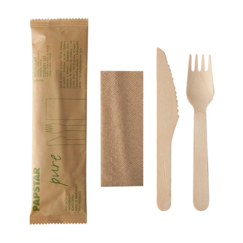 Sets de couverts, bois "pure" naturel : fourchette, couteau, serviette en emballage papier (50 unités)