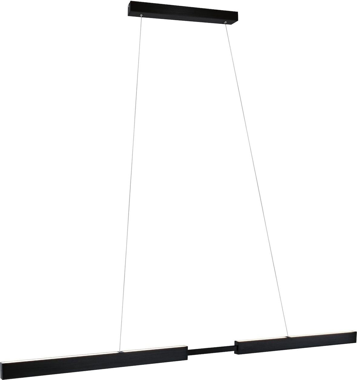 Eine schwarze Pendelleuchte mit zwei Balken.