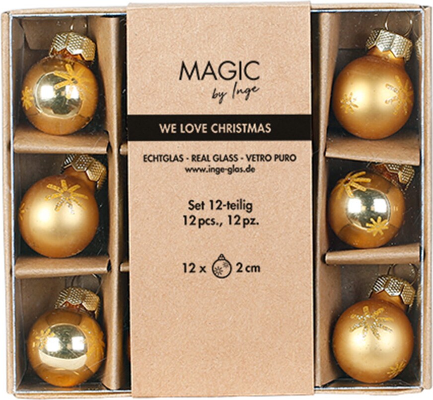 12 Weihnachtskugeln Glas 2cm Glitzer Schneeflocken Motiv Christbaumkugeln Weihnachtsbaumkugeln Christbaumschmuck Weihnachtsbaumschmuck Inkagold