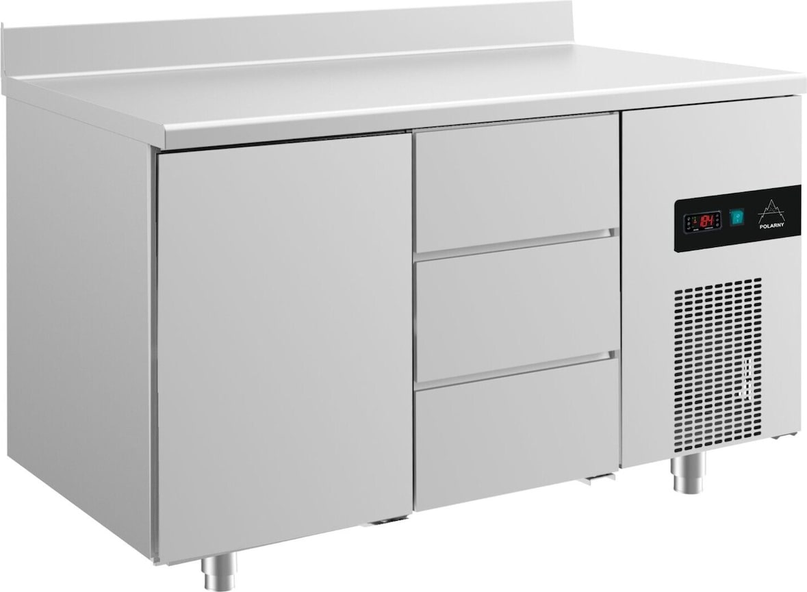 Gastro Kühltisch Umluftkühlung 1 Tür links 3 Schubladen rechts Aufkantung, 1400x700x850mm -2/+8°C  281l