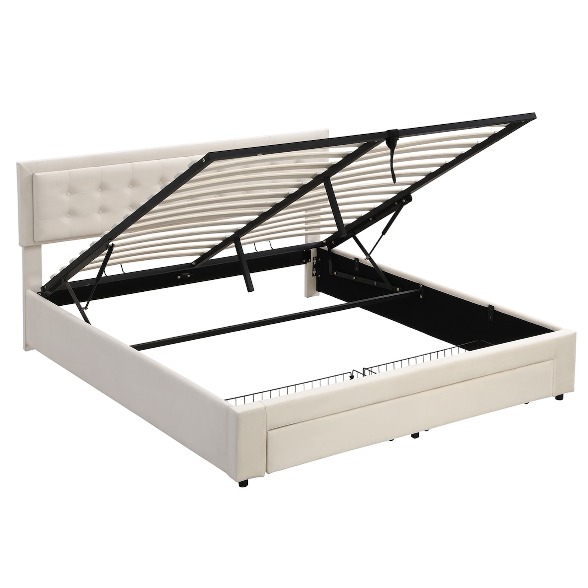 Merax Hydraulisches Polsterbett 180x200 Stauraumbett Doppelbett aus Samt mit Höhenverstellbares Kopfteil & 2 Schubladen & Lattenrost Beige