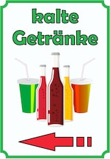 thumbnail of kalte Getränke Schild Hochkant mit Pfeil links A5 Rückseite selbstklebend