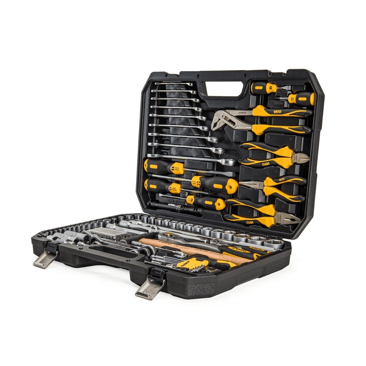 Maletín de herramientas de 112 piezas Linterna, destornillador, llaves de vaso, llaves fijas, alicates y puntas Maletín de herramientas BMC VITO