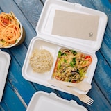 thumbnail of BIOZOYG 50 Stück Menübox 25 x 16,5 x 6,1 cm 2-geteilte, weiße Menüboxen aus Zuckerrohr, Bagasse, mit Klappdeckel Menüschachteln, Speiseschachteln