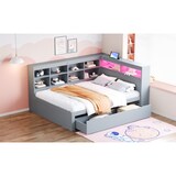 thumbnail of Massivholzsofa 140x200 cm mit Stauraum, USB-Anschluss, LED-Beleuchtung, Schubladen, Regale – modernes Schlafsofa Möbel Grau für Schlafzimmer