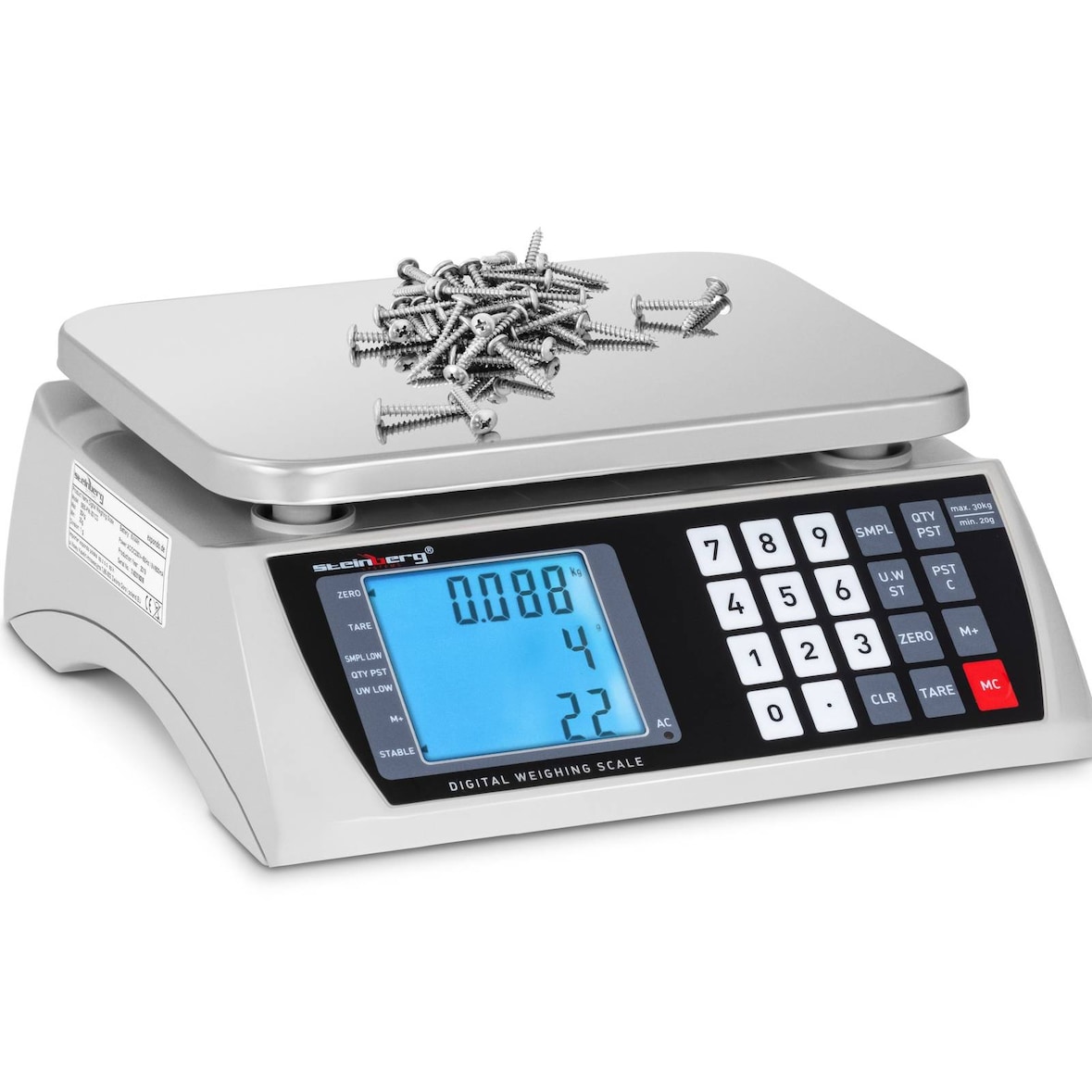 Steinberg Systems - Telweegschaal - 30 kg / 1 g - 22,3 x 17,4 cm - batterij 72 uur - 3 LCD