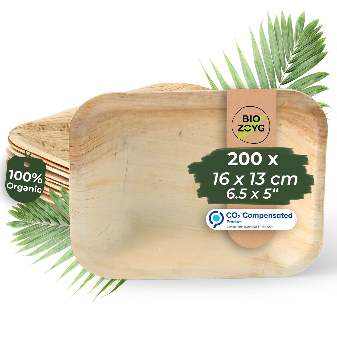 BIOZOYG 200 Stück Einweggeschirr 16x13cm, tief, Palmblatt-Teller rechteckig umweltfreundliche Einwegteller aus Palmenblättern, biologisch abbaubar