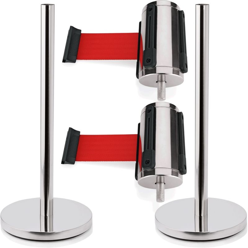 2x Abgrenzungspfosten + 2x Absperrband rot Edelstahl Highflex 4-Wege Absperrsystem