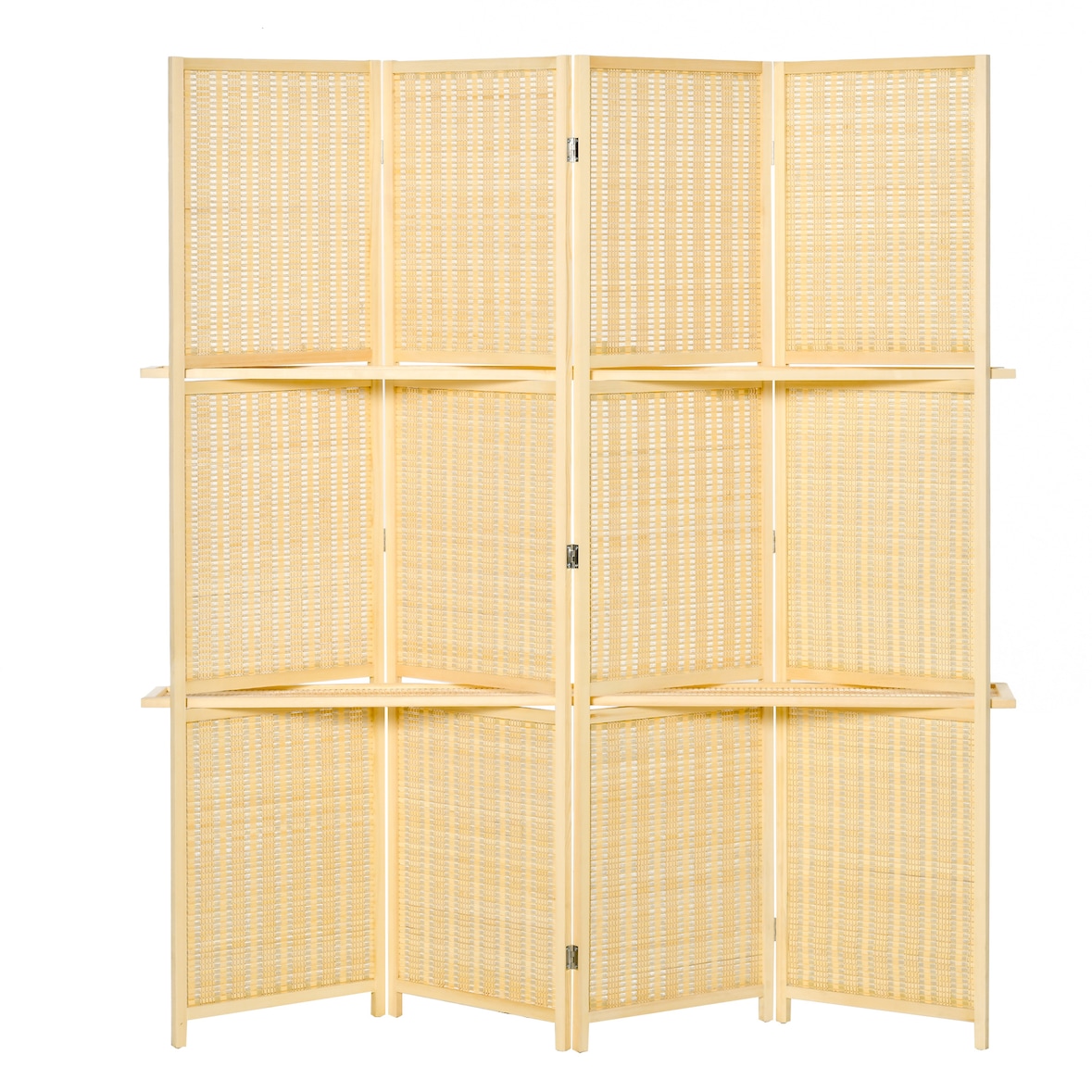 HOMCOM biombo de 4 piezas de bambú separador de ambientes plegable con 2 estantes extraíbles divisor de habitaciones dormitorio 180x180 cm natural