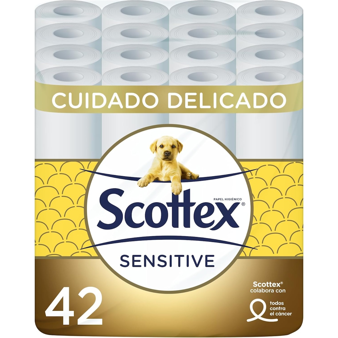 Scottex Papel Higiénico Sensitive 42 rollos con 3 capas cuidado delicado gracias al toque de leche de almendras (7 packs de 6 rollos)