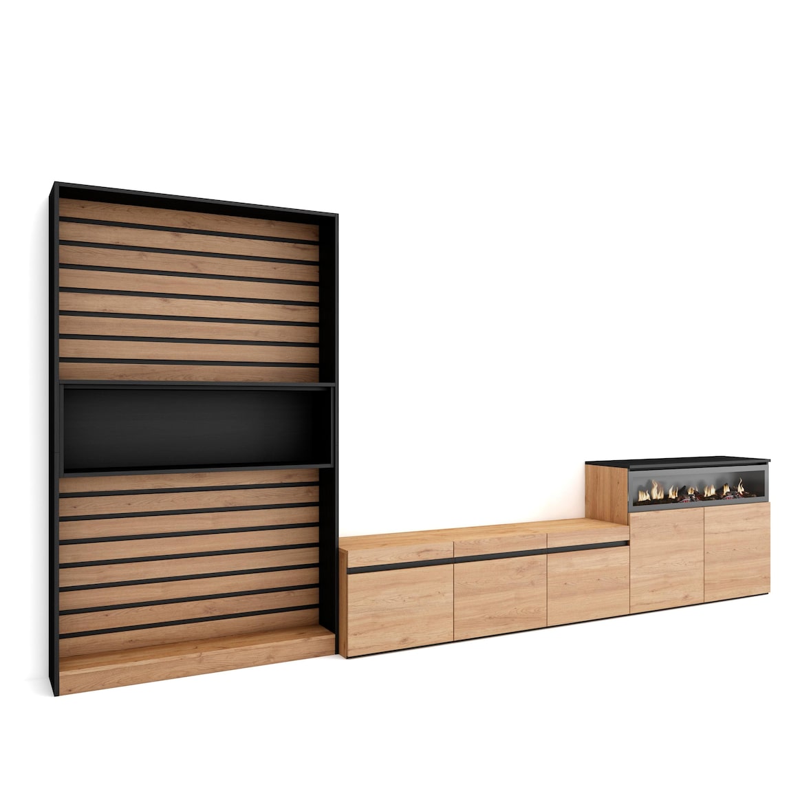 Wohnzimmer-TV-Schrank, Wohnwand-System, 360x186x35cm, Für TV-Geräte bis 65“, Elektrokamin, Moderner Stil, Eiche und Schwarz - 109_3