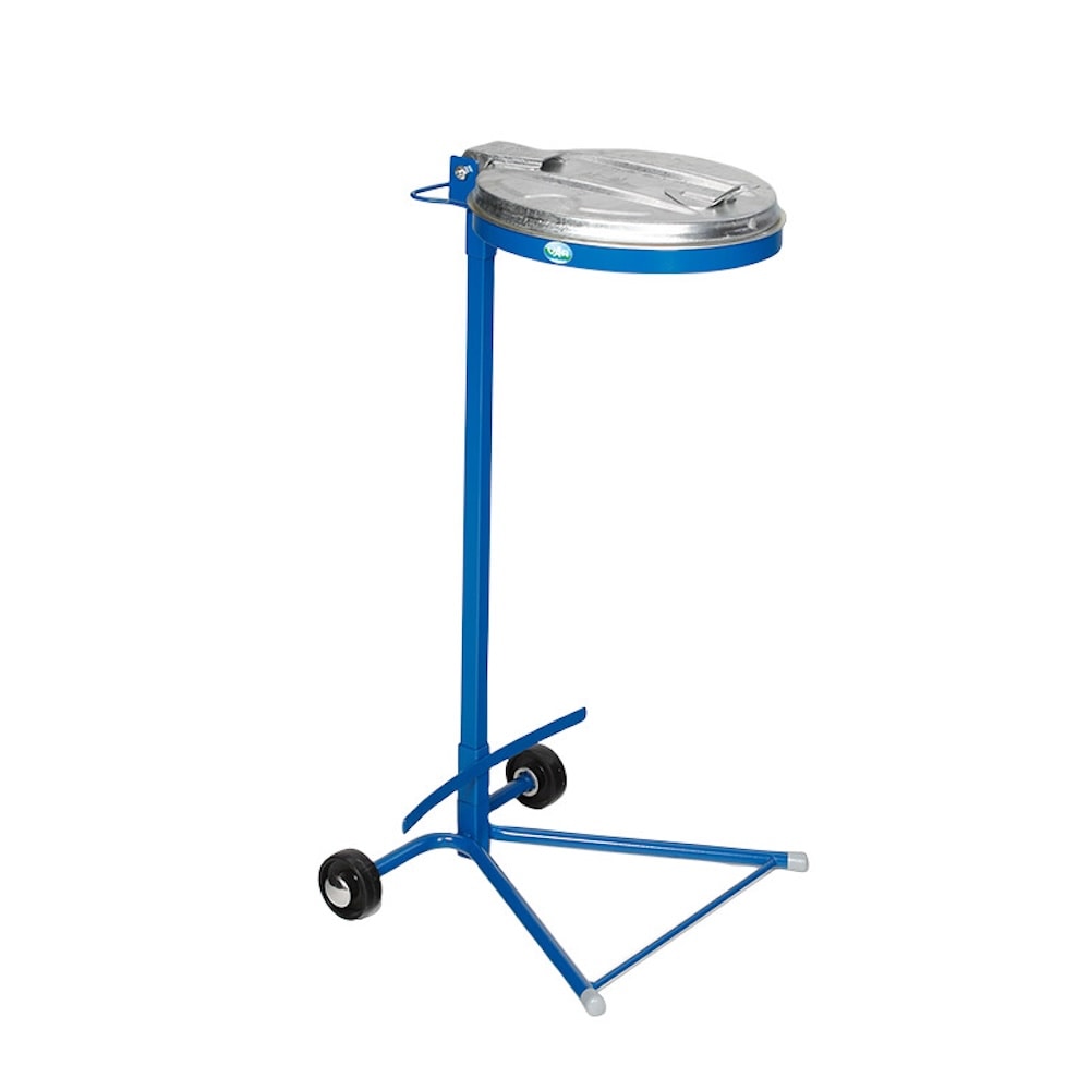 PROREGAL Robuster Abfallsammler mit Metall-Deckel | mit Standfuß + 2 Rollen | HxBxT 98x45x37,5cm | Stahl | Blau-Verzinkt | Mülleimer