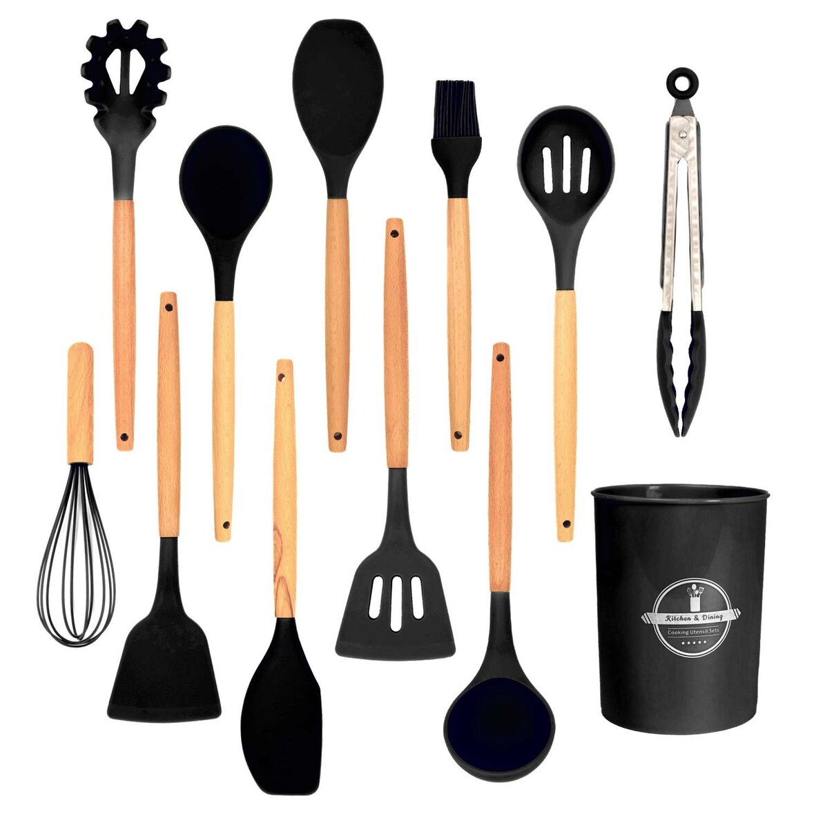 Intirilife 12-teiliges Küchenutensilien Set Silikon in Schwarz - 12.5 x 32.5 cm Kochbesteck Zange Schneebesen Pfannenwender Pinsel Schöpfkelle