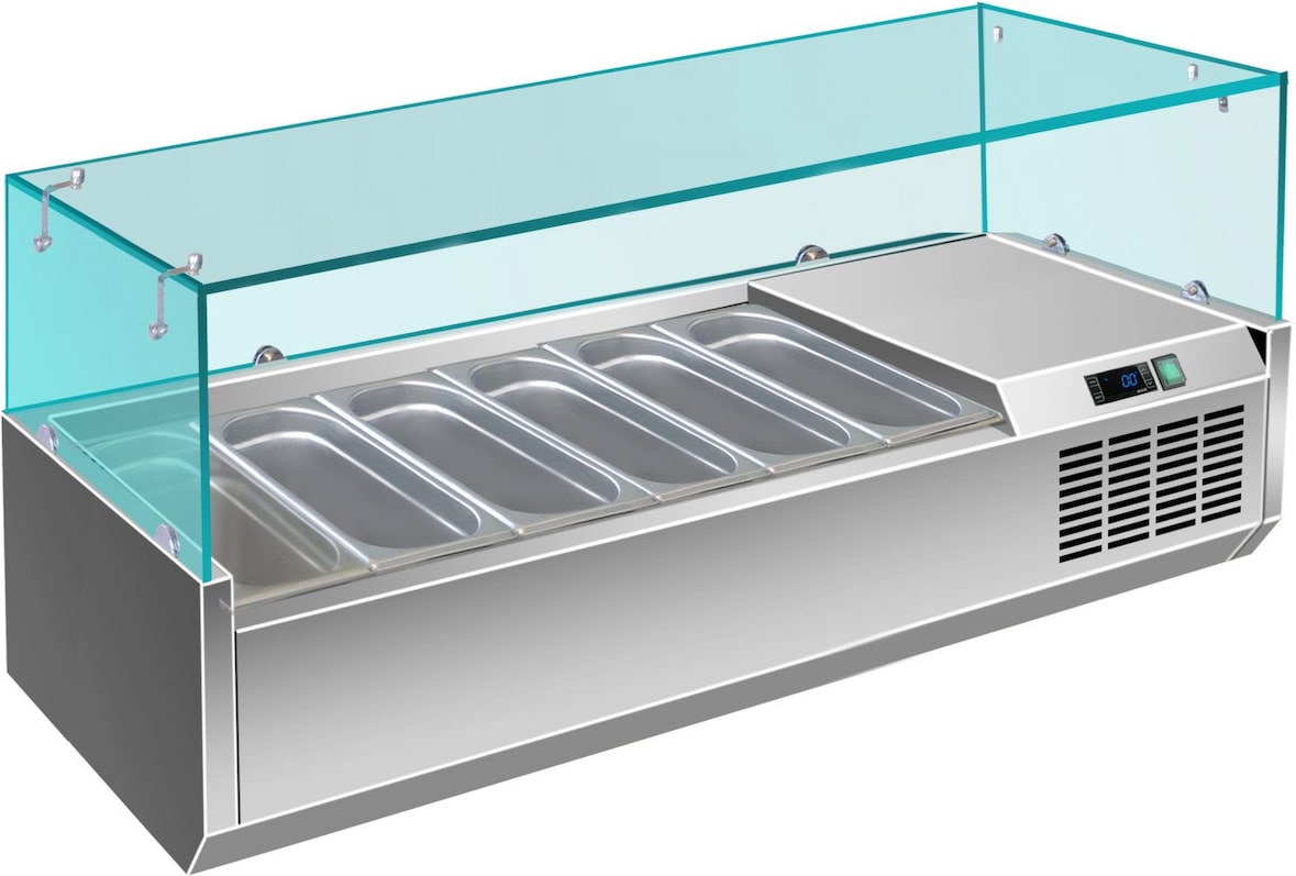 Gastro Edelstahl Kühlaufsatz Aufsatzkühlvitrine Pizzakühlaufsatz 6 x 1/3 oder 4 x 1/3 GN + 1/2 GN mit Glasaufsatz