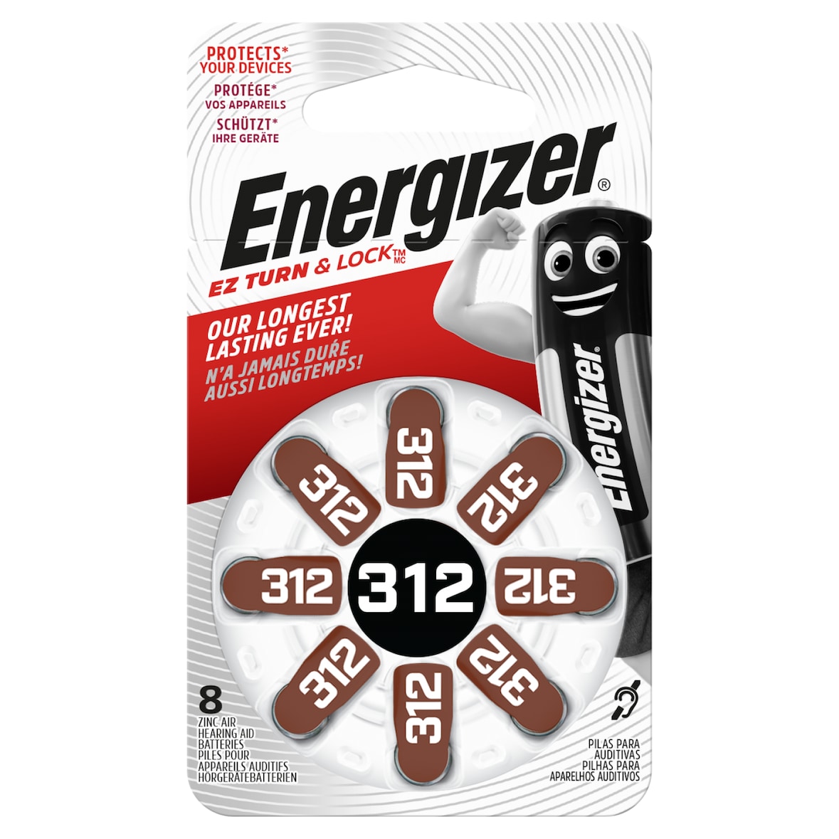 Energizer - 634924 - 8 piles auditives zinc air 312 - 1,4 v