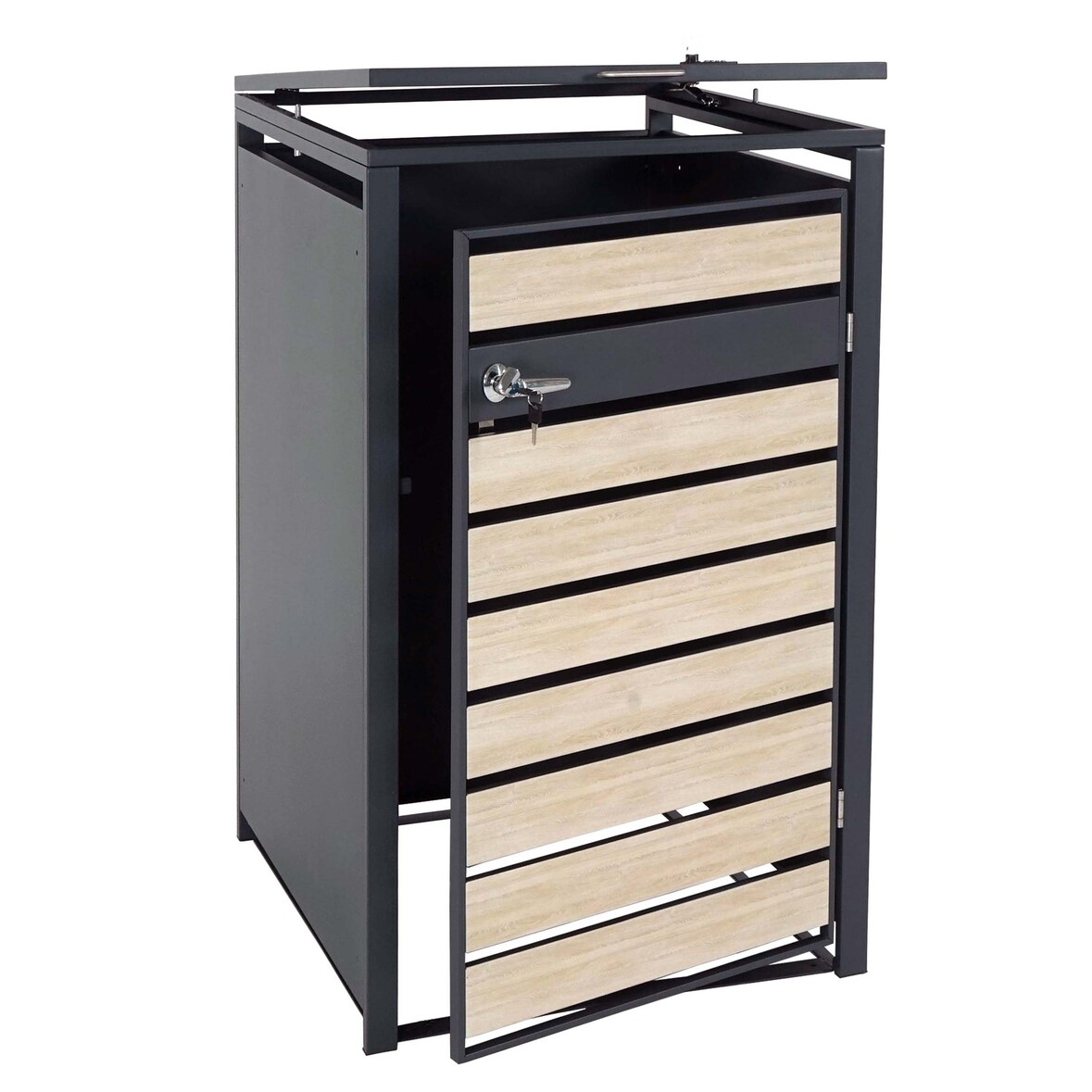 XL 1er/2er-Mülltonnenverkleidung | HxBxT 117x73x98cm | Metall 36kg Anthrazit | Buche-Holzoptik Hellbraun | Mülltonnenbox