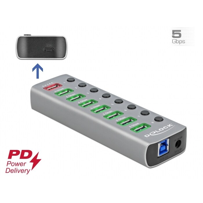 Delock USB 3.2 Gen 1 Hub mit 7 Ports + 1 Schnellladeport + 1 USB-C? PD 3.0 Port