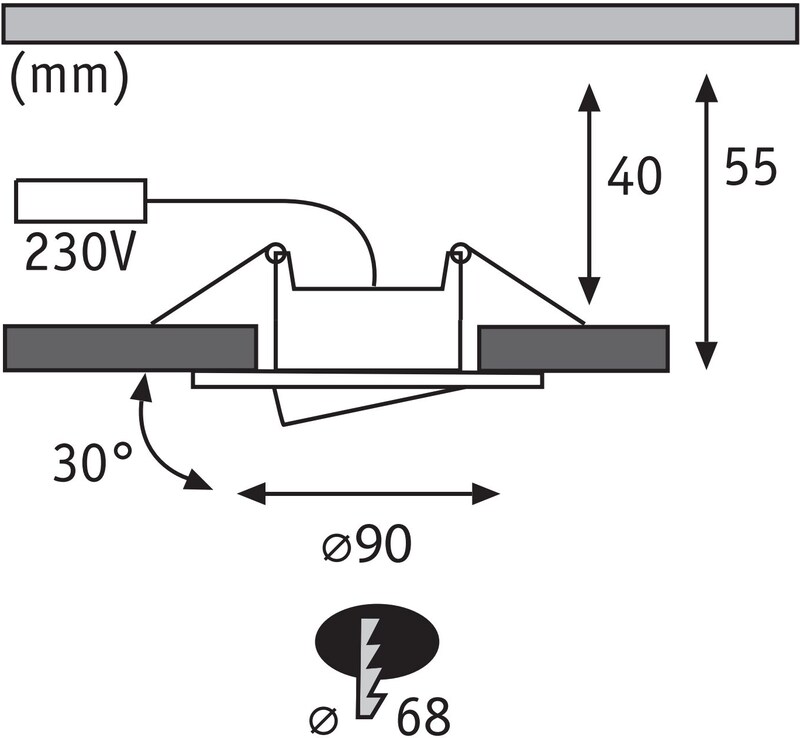 Einbauleuchte mit 90mm Durchmesser und 68mm Ausschnitt.